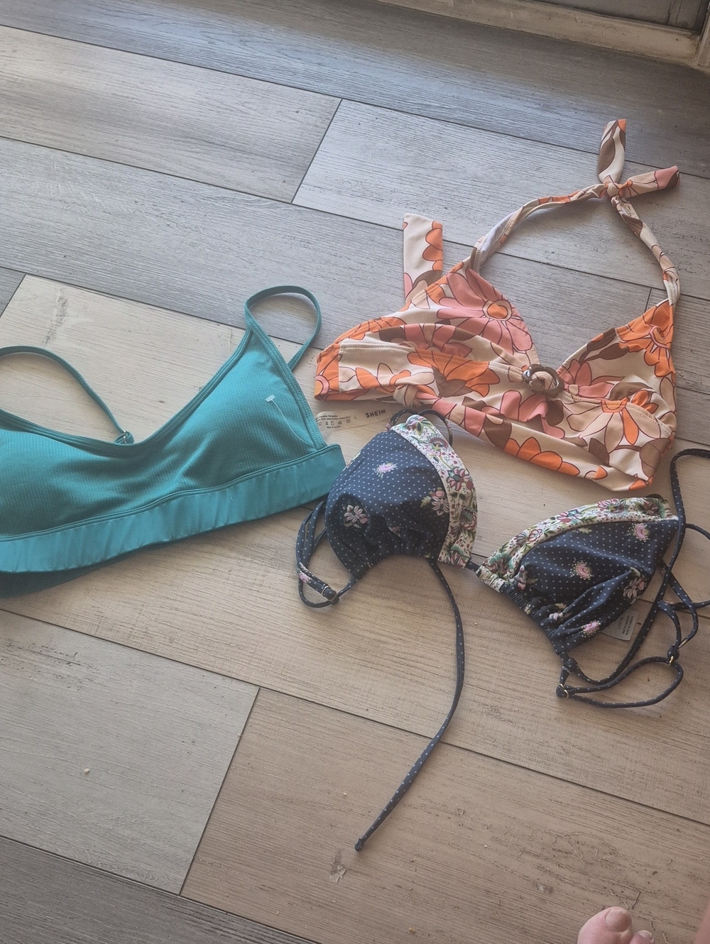 Women’s Teal, Peach Floral & Navy Bikini Tops - Multi-Color Swim TOP